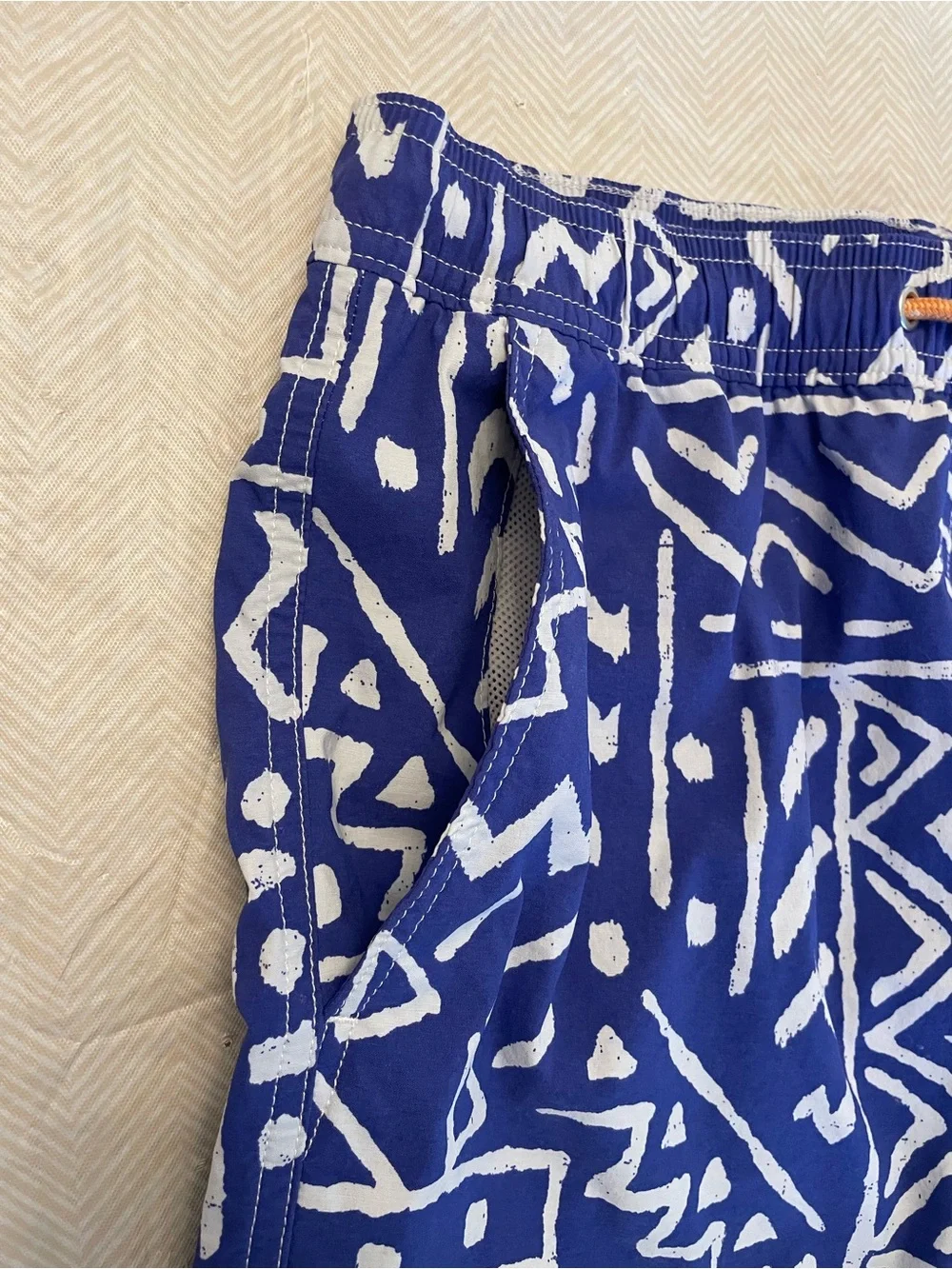 J. Crew Blue & White Geometric Swim Trunks with Orange Drawstring